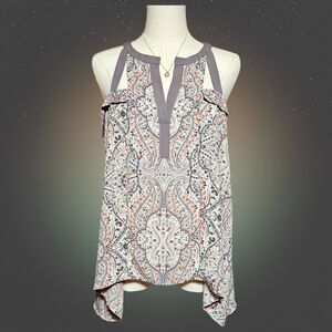 BCBGMAXAZRIA Small Paisley Blouse Taupe Boho Festival Chiffon Hi Low